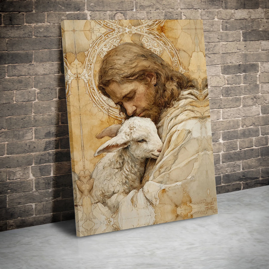Jesus With Lamb Canvas Wall Art | Shepherd Christ Religious Painting | Premium Gallery Wrap Print | Christian Home Decor Gift