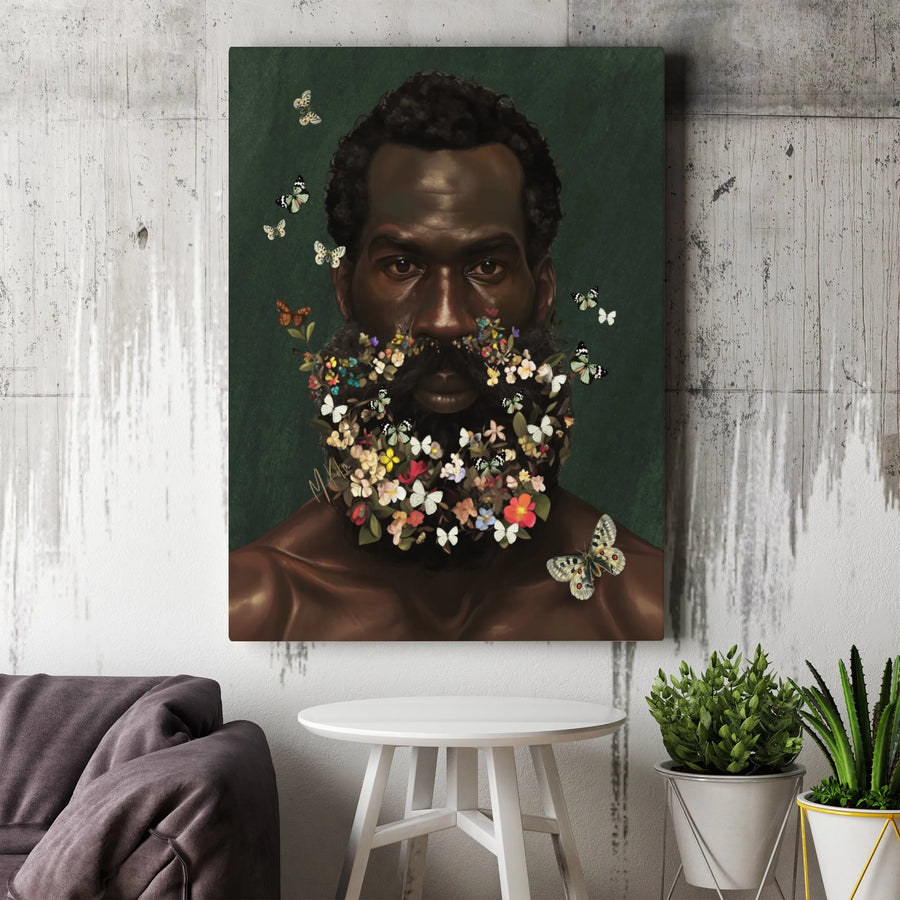 Black Man Portrait Canvas Wall Art | Surreal Floral Butterfly Beard | Premium Gallery Wrap Print | Afrocentric Home Decor Gift