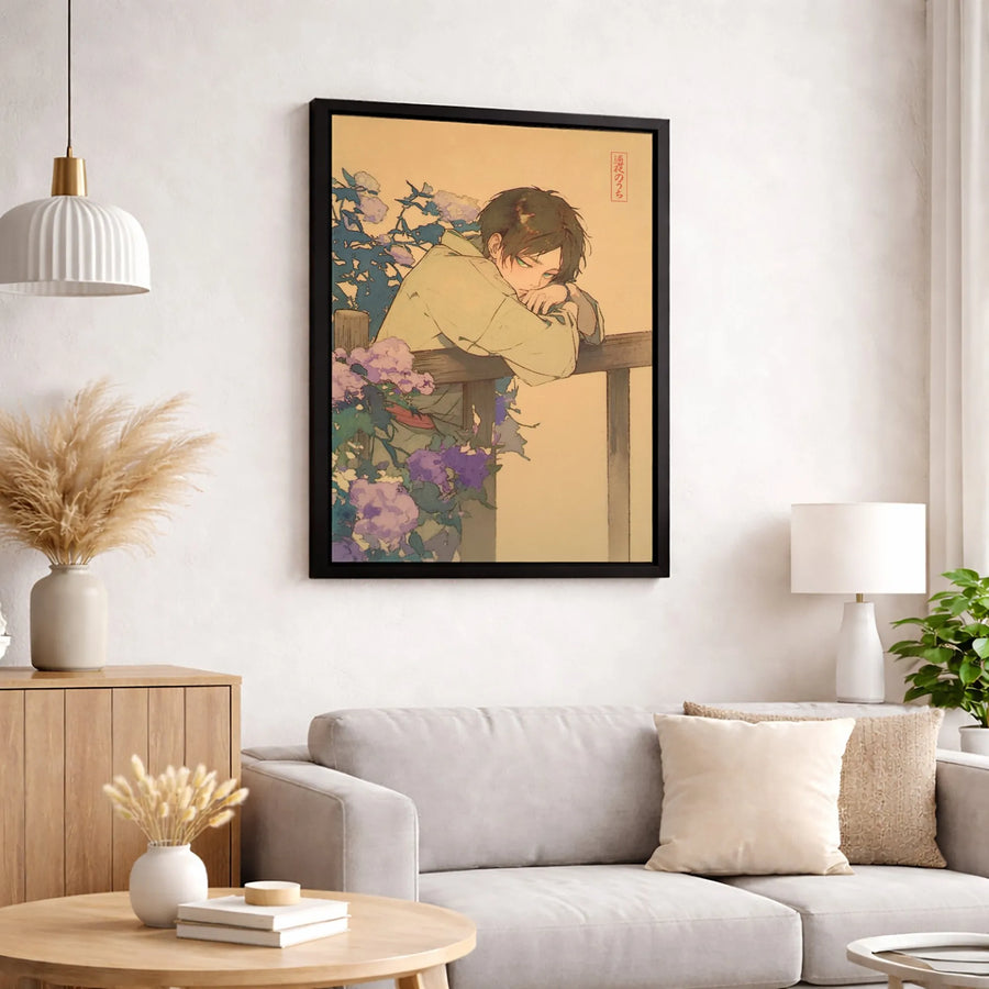 Anime Aesthetic Canvas Wall Art | Melancholy Boy with Hydrangeas | Premium Gallery Wrap Decor | Gift for Otaku and Manga Fans