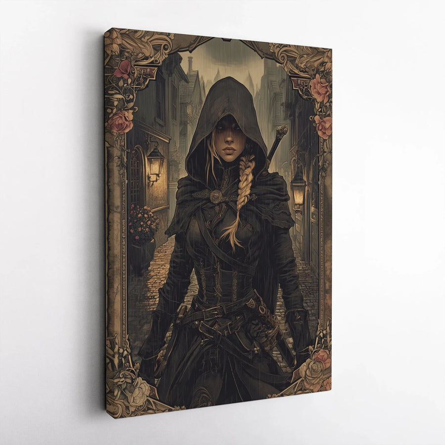 Fantasy Female Rogue Wall Art | Hooded Assassin Warrior In Floral Frame | Gallery Wrap Canvas Print | Gamer Room Decor & Gift