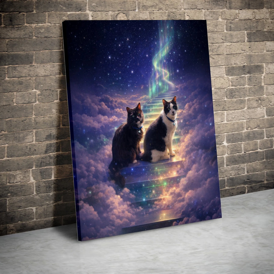 Cat Memorial Canvas Wall Art | Two Cats on Stairway to Heaven | Premium Gallery Wrapped Print | Sympathy Gift for Pet Loss