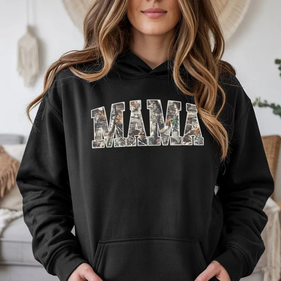 Hunting Mama Hoodie | Camouflage Varsity Lettering | Cozy Cotton Blend Crewneck | Gift for Outdoorsy Mom on Mother's Day