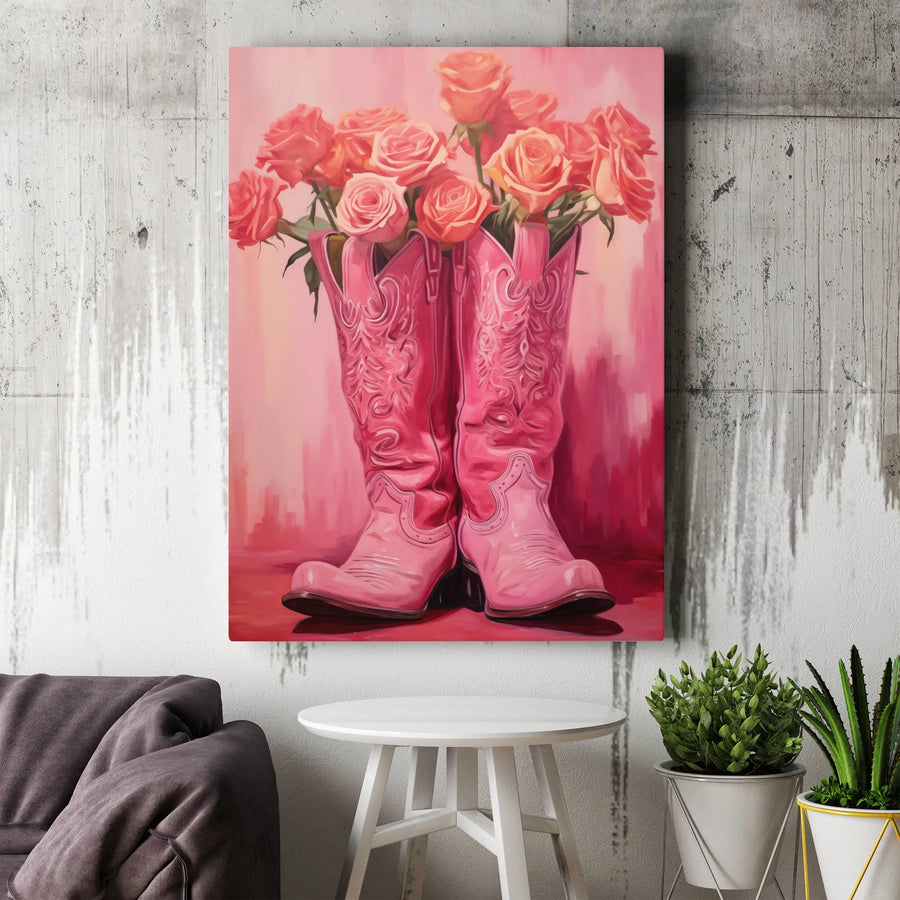 Pink Cowboy Boots Canvas Wall Art | Roses Bouquet Western Decor | 1.25" Gallery Wrap Premium Print | Country Aesthetic Gift for Her
