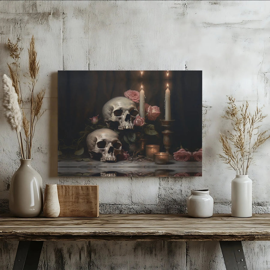 Gothic Skull Canvas Print | Memento Mori Floral Still Life With Candles | Premium Gallery Wrapped Wall Art | Dark Academia Home Decor Gift