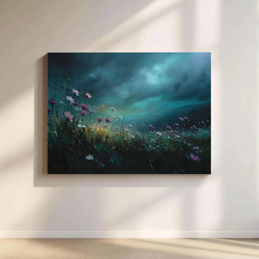 Wildflower Meadow Canvas Print | Moody Floral Landscape with Stormy Sky | Premium Gallery Wrapped Wall Art | Collector's Gift for Living Room Decor