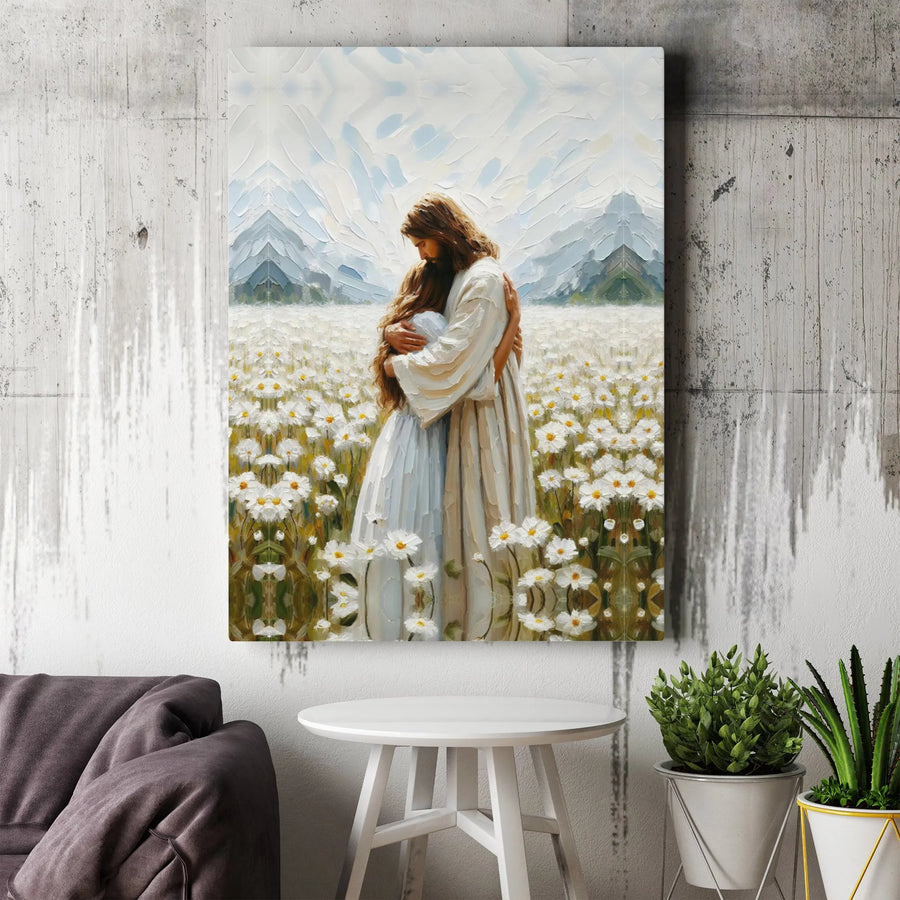 Jesus Embracing Girl Canvas Print | Religious Daisy Field Wall Art | Premium Gallery-Wrapped 1.25" Profile | Christian Home Decor Gift