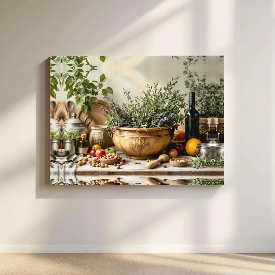 Rustic Kitchen Still Life Canvas | Fresh Herbs Wine And Fruit Art | Premium 1.25 Inch Gallery Wrap | Farmhouse Decor For Dining Room