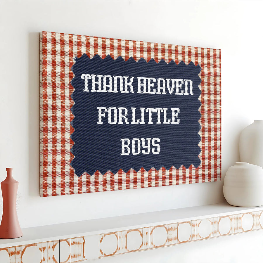 Thank Heaven For Little Boys Wall Art | Rustic Red Gingham Cross Stitch Design | Premium Gallery Wrapped Canvas | Nursery Decor Baby Shower Gift