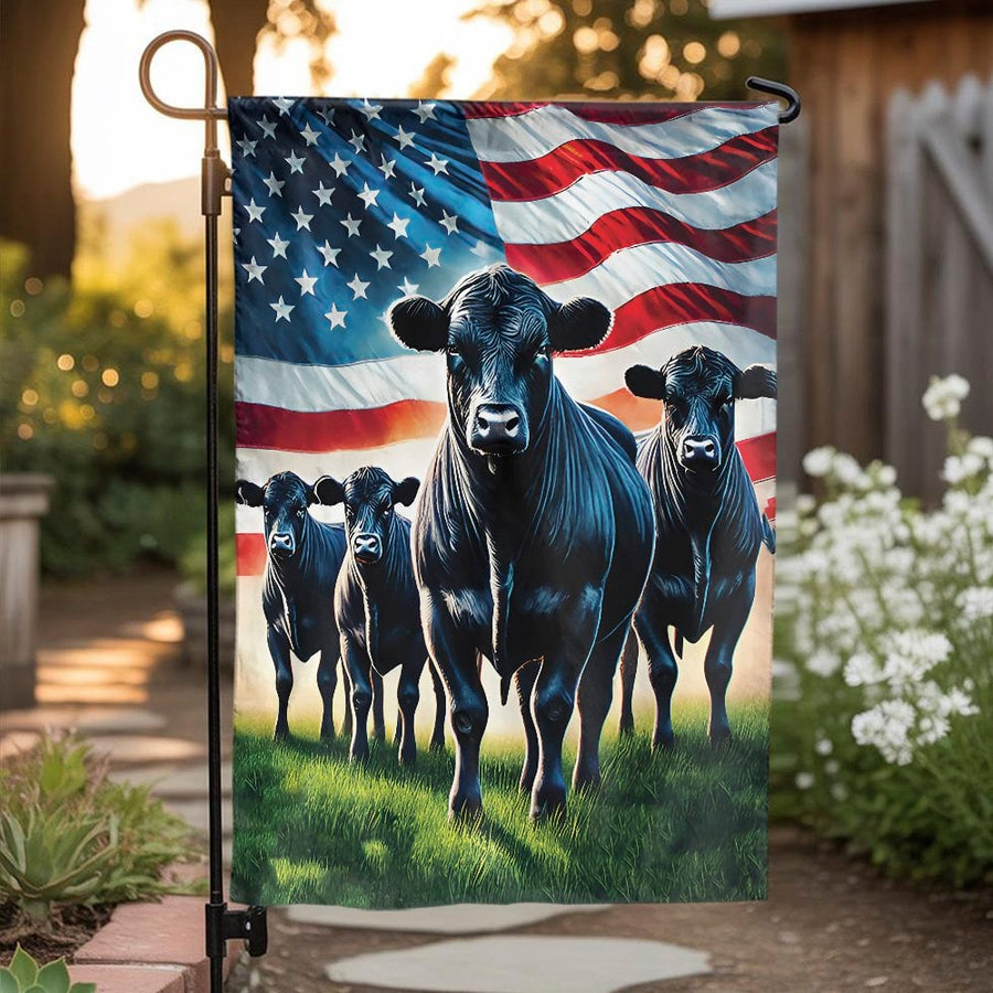 Black Angus Cattle Garden Flag | Patriotic American Flag Farmhouse Decor | Weather-Resistant Polyester | Gift for Cattle Ranchers and Farmers