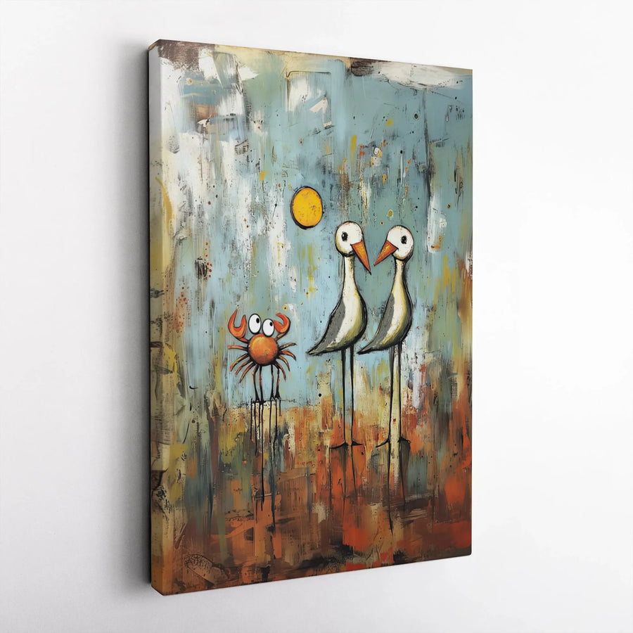 Whimsical Coastal Birds and Crab Canvas | Abstract Beach Wall Art | Premium Gallery Wrap Print | Charming Nursery and Home Decor Gift