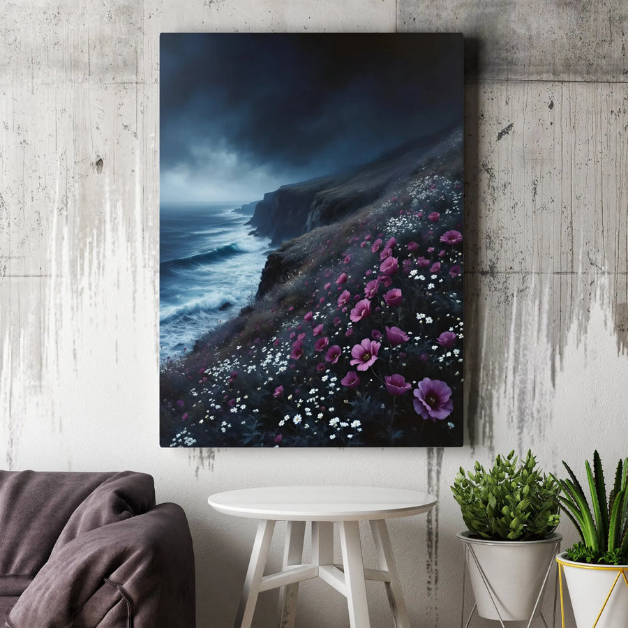 Moody Coastal Landscape Canvas | Stormy Ocean Cliffs With Pink Wildflowers | Premium 1.25" Gallery Wrap | Fine Art Print For Home Decor