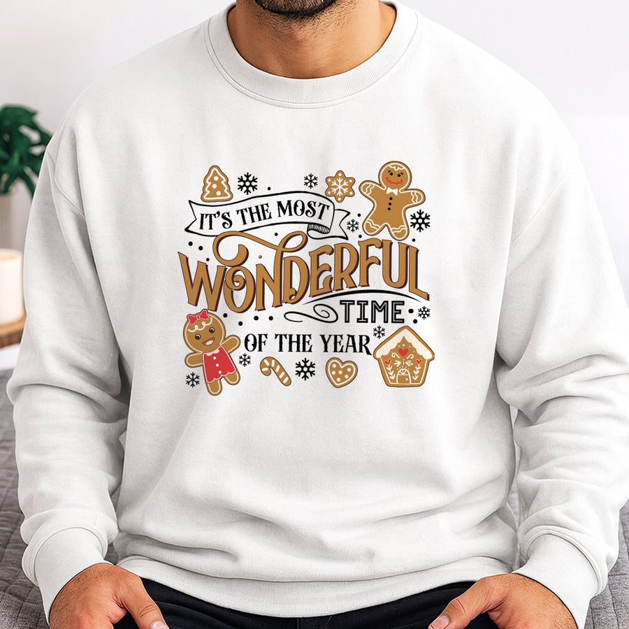 Christmas Gingerbread Sweatshirt | Most Wonderful Time Graphic | Soft Cotton Blend Crewneck | Festive Holiday Gift for Women and Men