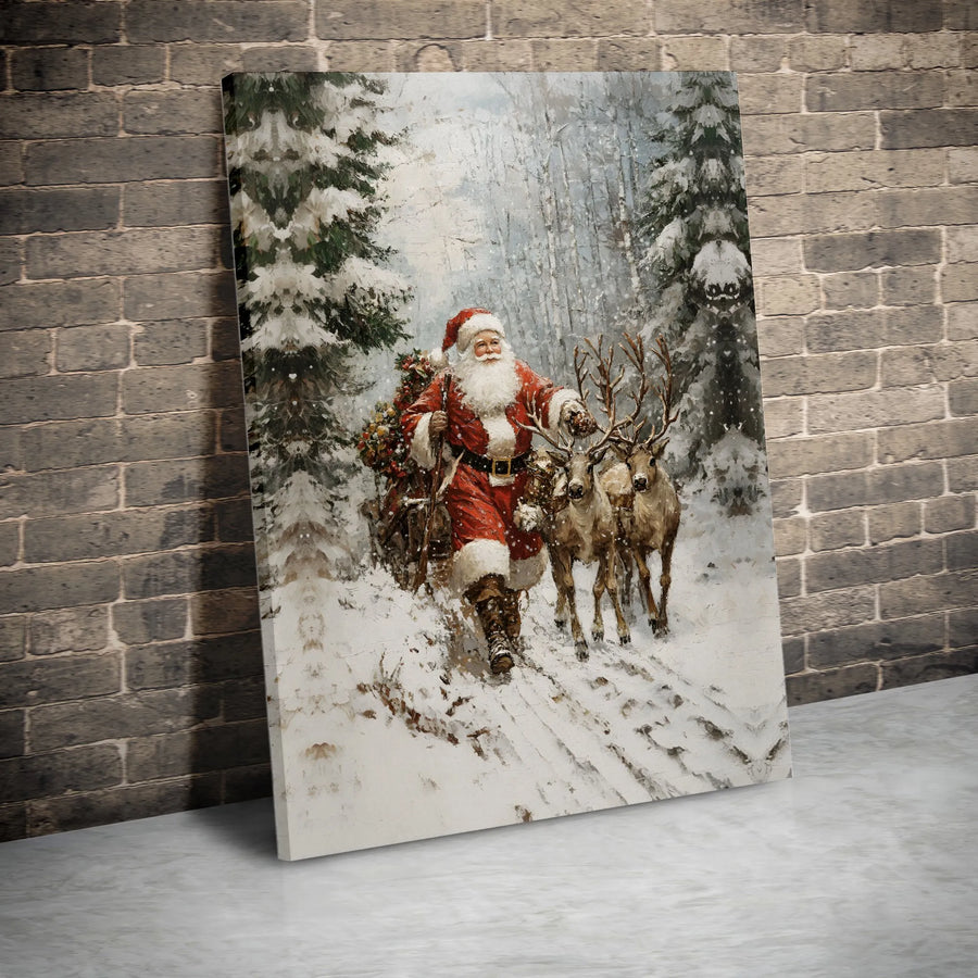 Vintage Santa Claus Canvas Art | Snowy Forest Reindeer Print | Premium 1.25" Gallery Wrap | Christmas Holiday Home Decor Gift