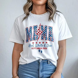 Pregnancy Announcement T-Shirt | Red White and Due Mama Graphic | Cozy Cotton Blend | 4th of July Baby Reveal Gift for Expecting Mom