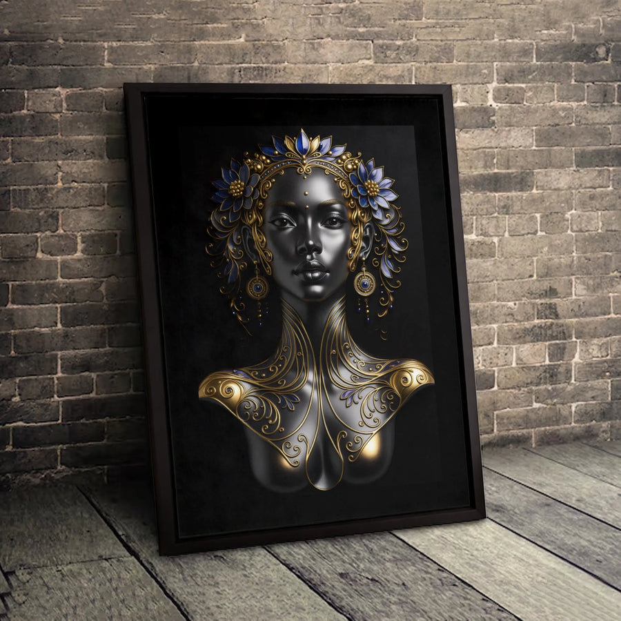 Black Queen Wall Art | Gold and Blue Floral Portrait | Premium 1.25 Inch Gallery Wrapped Canvas | Luxury African Decor for Home or Office Gift