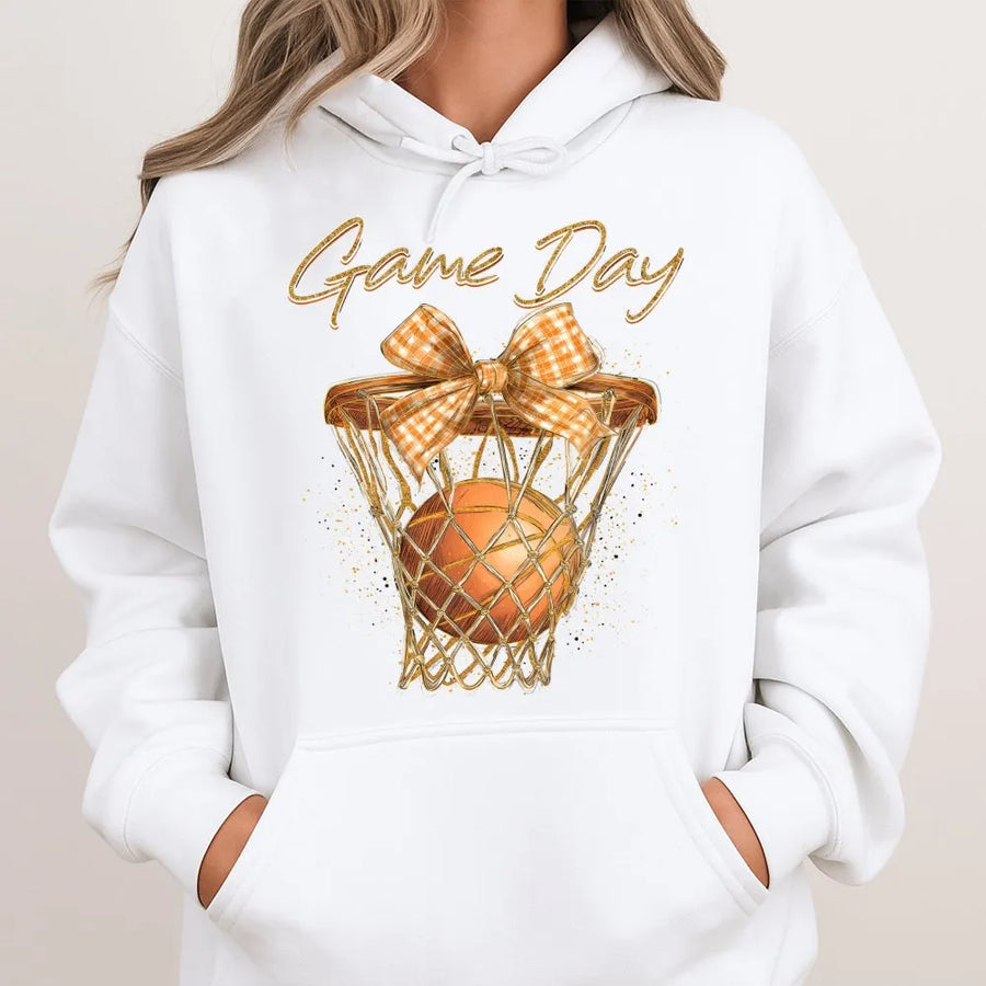 Game Day Basketball Hoodie | Coquette Gingham Bow Aesthetic | Premium Cotton Blend | Gift for Basketball Moms and Sports Fans