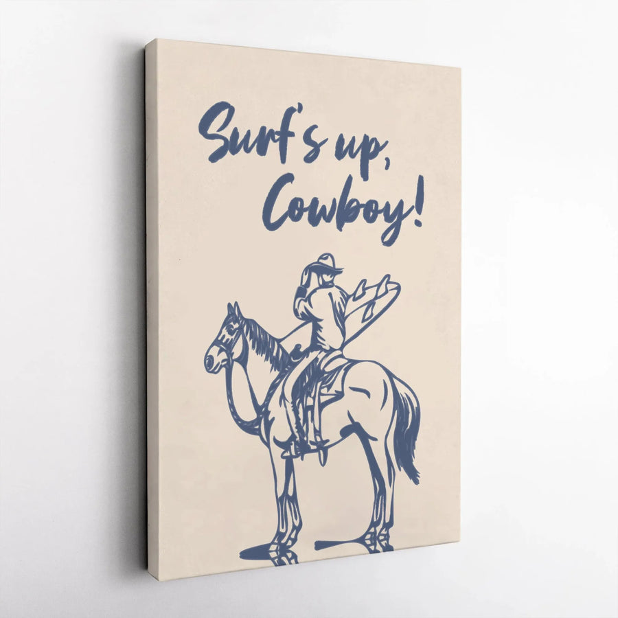 Surf's Up Cowboy Wall Art | Coastal Western Horse Riding Illustration | Premium Gallery Wrapped Canvas | Boho Beach House Decor Gift