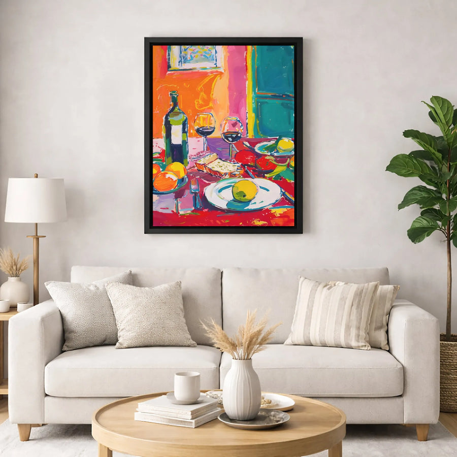 Colorful Still Life Dining Canvas | Abstract Wine and Fruit Painting | Premium Gallery Wrap Wall Art | Kitchen and Dining Room Decor