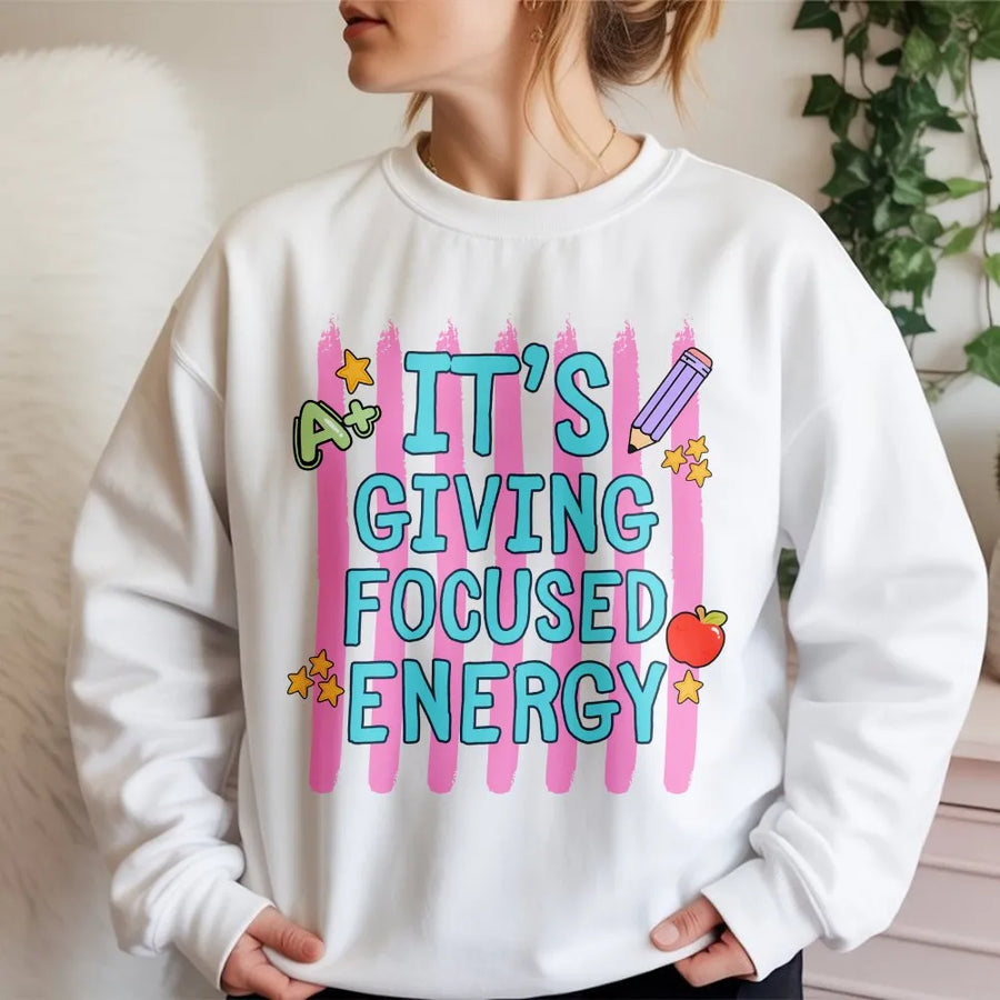 Funny Teacher Sweatshirt | It's Giving Focused Energy Retro Graphic | Premium Cotton Blend | Back to School Gift for Educators