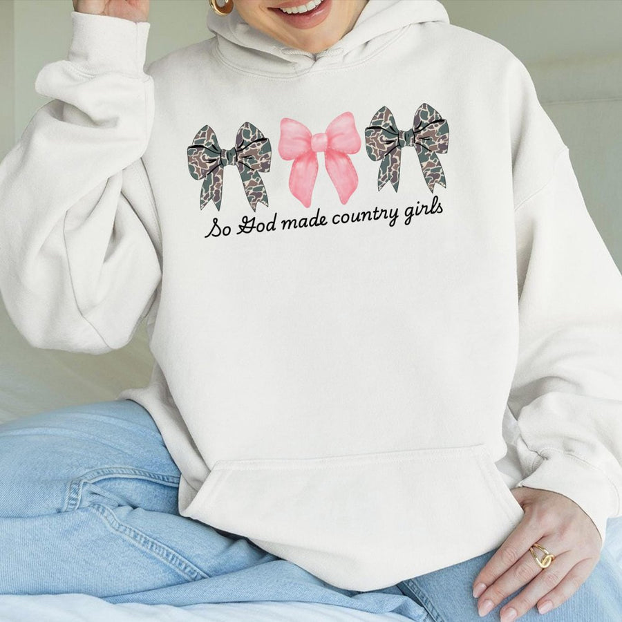 Country Girls Hoodie | Camo Bow Aesthetic Graphic | Premium Cotton Blend | Southern Girl Gift for Women & Teens