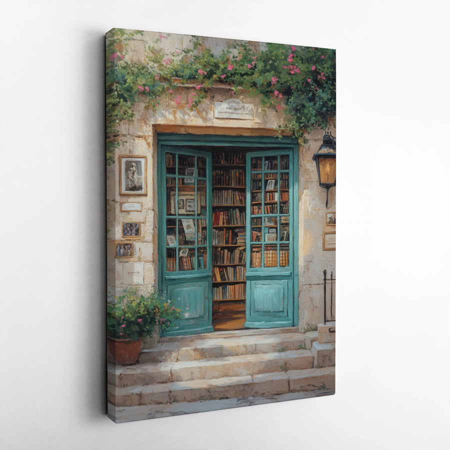 Charming Bookstore Canvas Wall Art | Teal Door Floral Entryway Print | 1.25-Inch Premium Gallery Canvas | Literary Home Decor Gift For Book Lovers