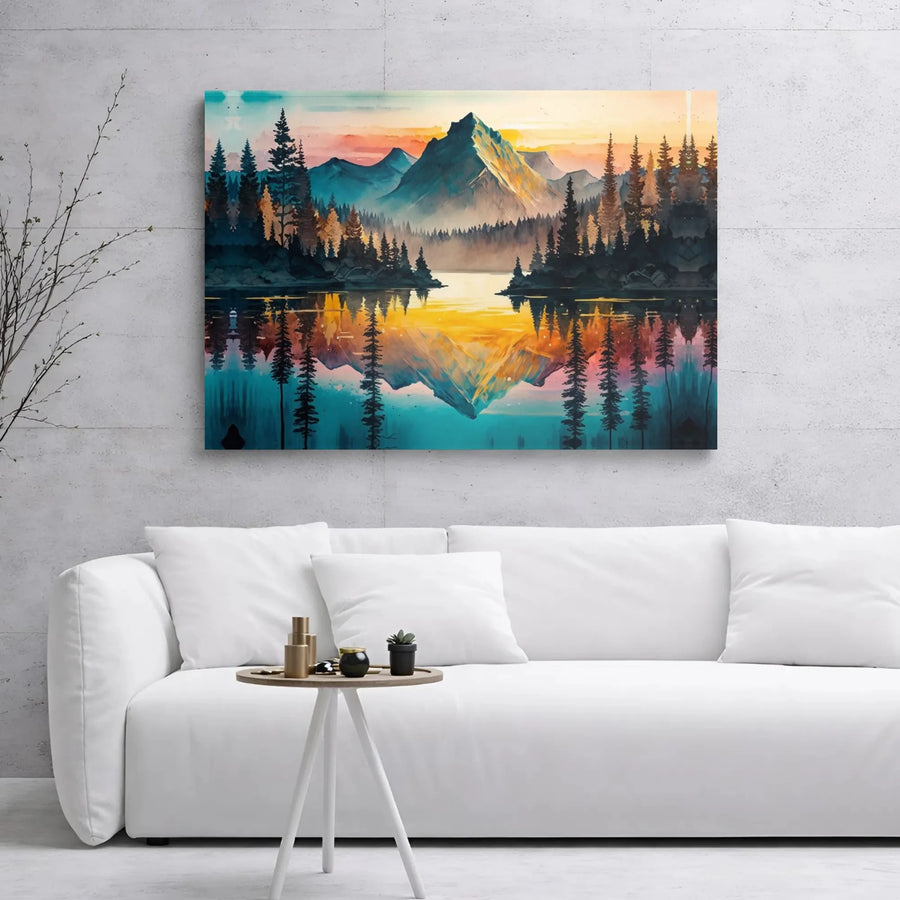 Watercolor Mountain Lake Canvas | Sunset Forest Reflection Wall Art | 1.25” Gallery Wrap | Premium Nature Landscape Home Decor Gift