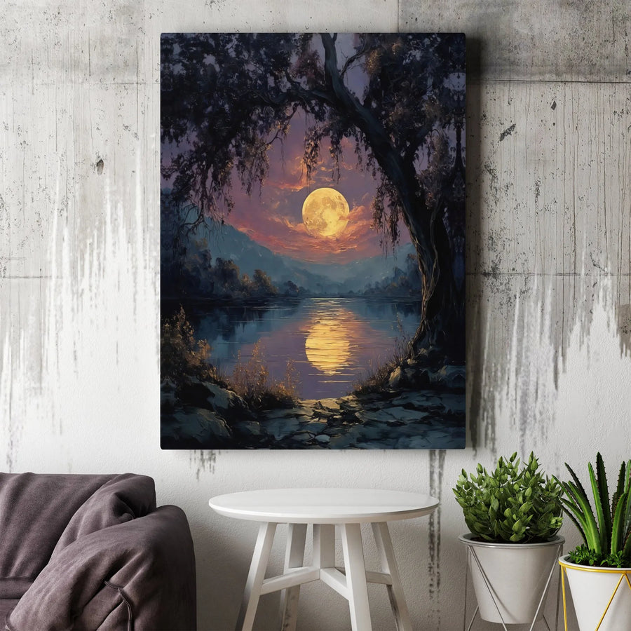 Full Moon Lake Canvas Wall Art | Moody Forest Landscape Painting | Premium Gallery Wrap 1.25" Frame | Serene Nature Decor for Living Room