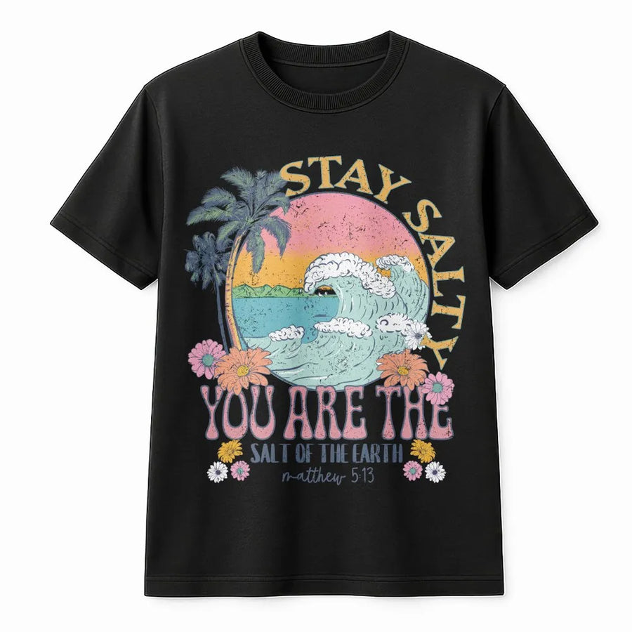 Stay Salty Christian T-Shirt | Retro Beach Wave Graphic with Matthew 5:13 Verse | Soft Cotton-Blend Sweatshirt | Faith Based Gift for Women