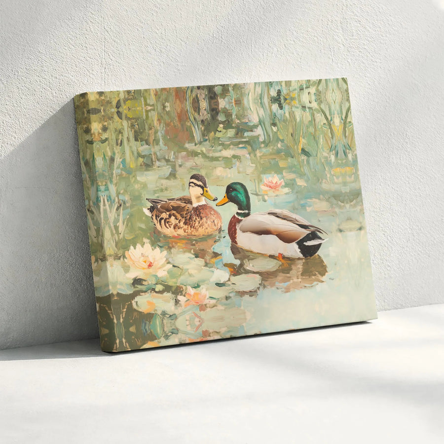 Mallard Duck Canvas Wall Art | Impressionist Pond Landscape Print | Gallery Quality 1.25” Thick Canvas | Nature Lover Home Decor Gift