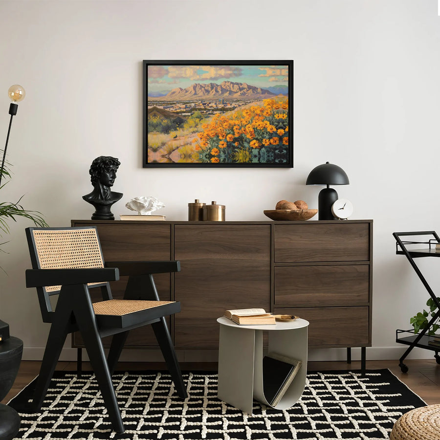 Southwestern Desert Landscape Canvas Wall Art | Orange Poppy Mountain View | Premium Gallery Wrap Print | Arizona Home Decor Gift