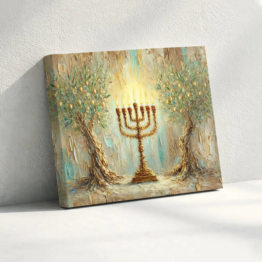 Menorah Canvas Wall Art | Golden Olive Tree Textured Painting | Premium Gallery Wrap Print | Jewish Home Decor Gift for Hanukkah