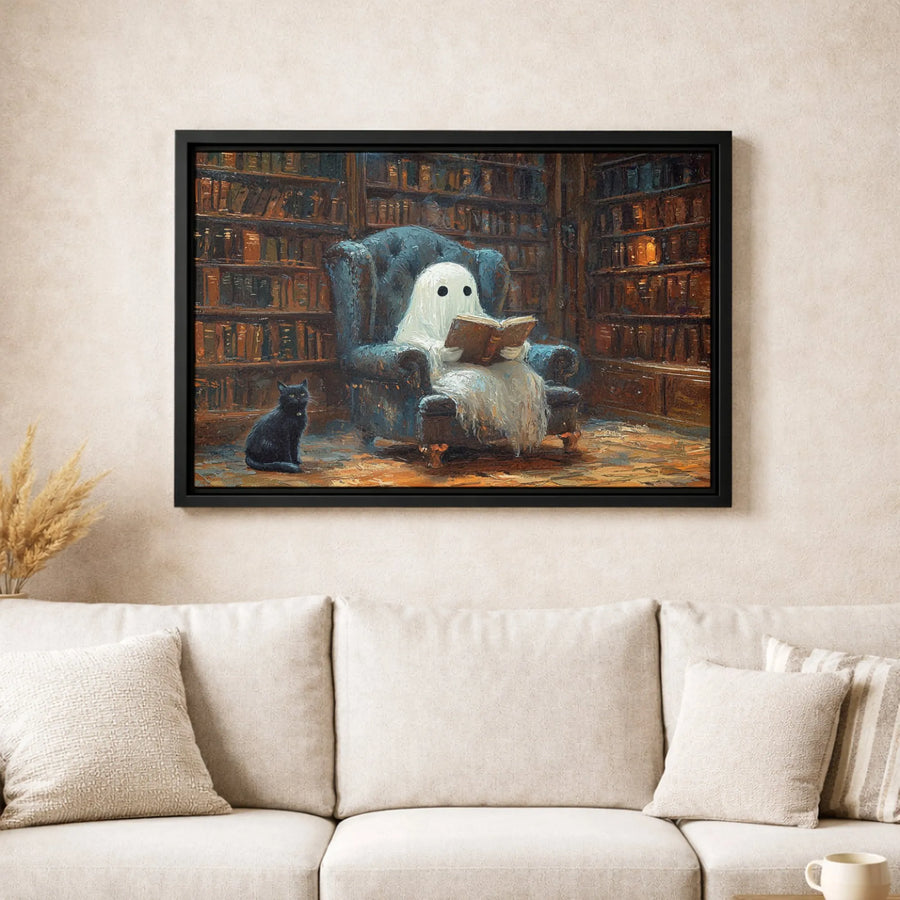 Ghost Reading Book Library Wall Art | Dark Academia Aesthetic Print | Premium Gallery Wrapped Canvas | Whimsical Home Decor Gift