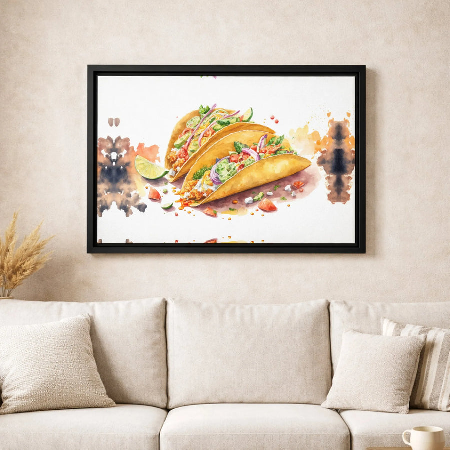 Taco Wall Art Canvas | Watercolor Mexican Food Kitchen Decor | Gallery Quality Premium Print | Vibrant Dining Room Gift For Foodie