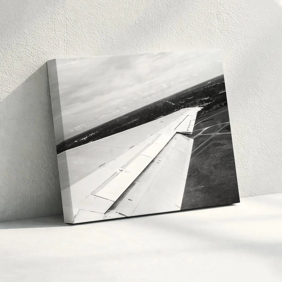 Airplane Wing Canvas Print | Black and White Aviation Photography | Premium Gallery-Quality Art | Travel Themed Home Decor Gift for Pilot