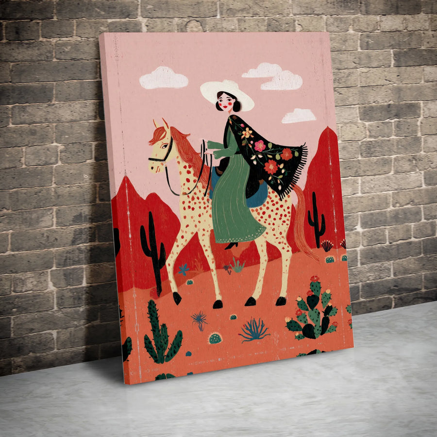 Cowgirl Wall Art Canvas | Southwestern Folk Art Desert Scene | Premium Gallery Wrap Print | Western Home Decor Gift For Her