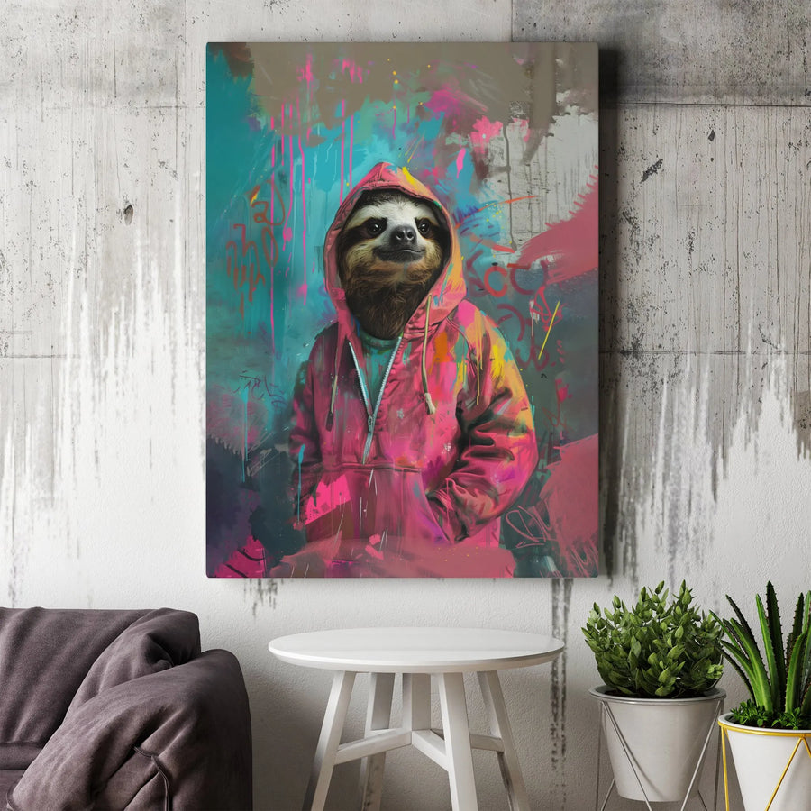 Graffiti Sloth Canvas Wall Art | Urban Street Art Style Sloth in Hoodie | Premium Gallery Wrapped Canvas | Modern Home & Dorm Decor Gift