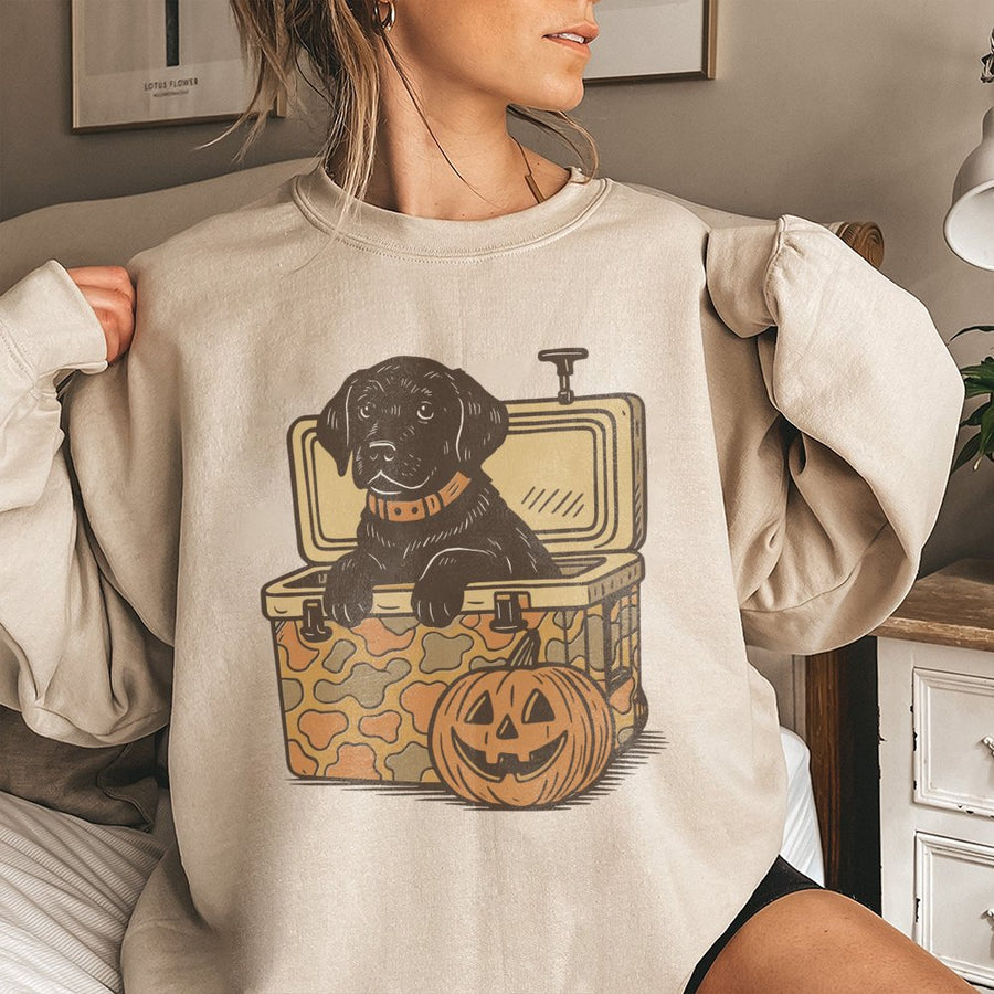 Black Lab Halloween Sweatshirt | Camo Cooler Hunting Dog Graphic | Premium Cotton Blend | Gift for Dog Lovers and Outdoor Enthusiasts