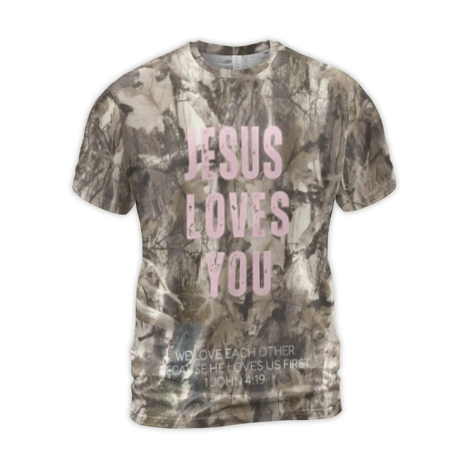 Jesus Loves You T-Shirt | 1 John 4:19 Bible Verse Graphic | Premium Polyester Jersey Camo Print | Christian Gift for Men and Women