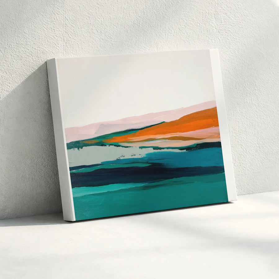 Abstract Landscape Canvas Wall Art | Teal and Orange Coastal Painting | Premium Gallery Wrapped Canvas | Modern Living Room Decor Gift