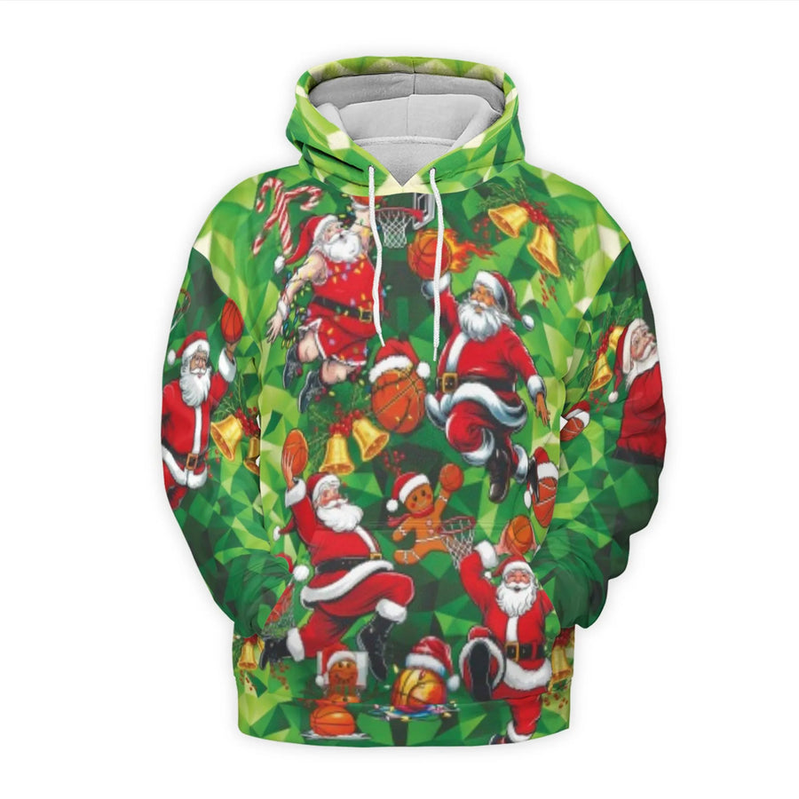 Santa Claus Basketball Hoodie | All-Over Print Graphic Pullover | Premium Brushed Fleece Polyester | Christmas Gift for Basketball Fans