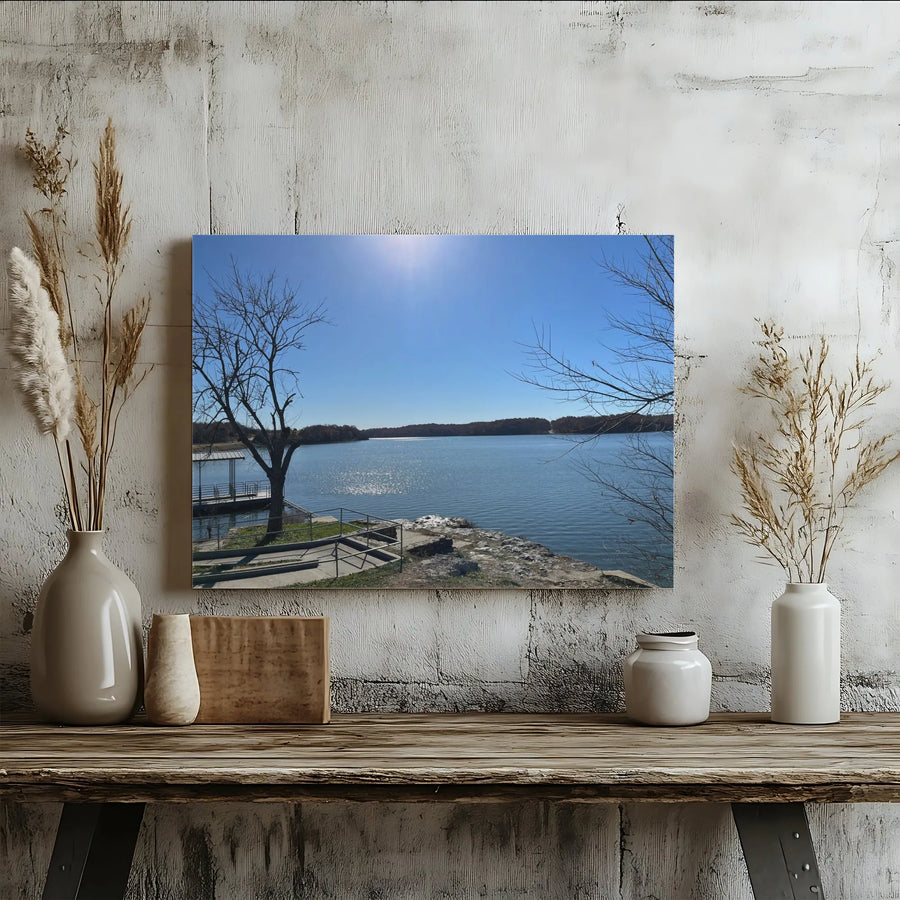 Serene Lake Canvas Wall Art | Sunny Lakeside Dock Photo | Premium Gallery Wrapped Canvas | Gift for Nature Lovers & Lake House Decor
