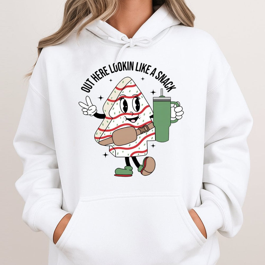 Christmas Tree Cake Hoodie | Retro Cartoon Snack Graphic | Premium Cotton Blend | Funny Holiday Gift for Women and Teens