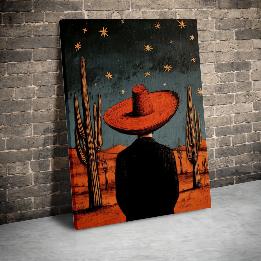 Desert Man With Red Sombrero Canvas Wall Art | Surreal Western Starry Night Landscape | Premium Gallery-Wrapped Print | Unique Boho Home Decor Gift
