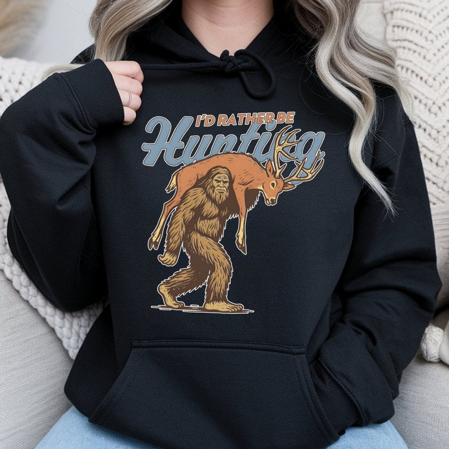 Bigfoot Hunting Hoodie | Sasquatch Carrying Deer Graphic | Premium Cotton Blend | Funny Outdoorsman Gift for Hunter