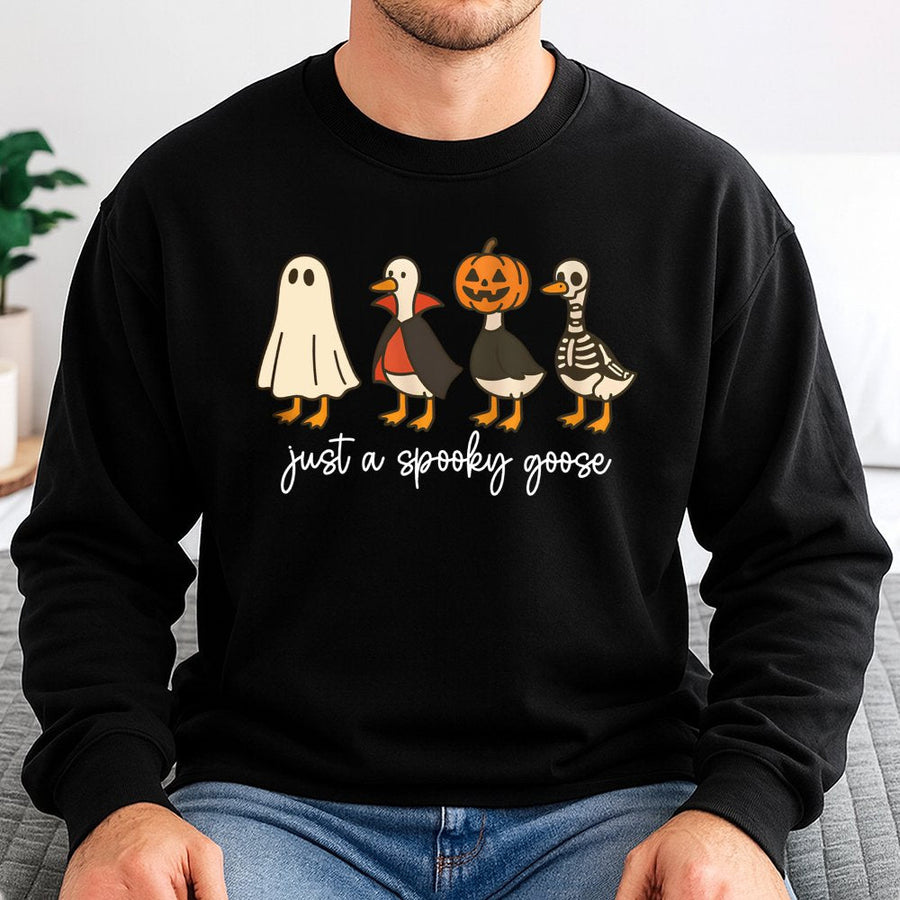 Just A Spooky Goose Sweatshirt | Funny Ghost Pumpkin Skeleton Duck Graphic | Premium Cotton Blend Crewneck | Halloween Gift For Goose Lovers