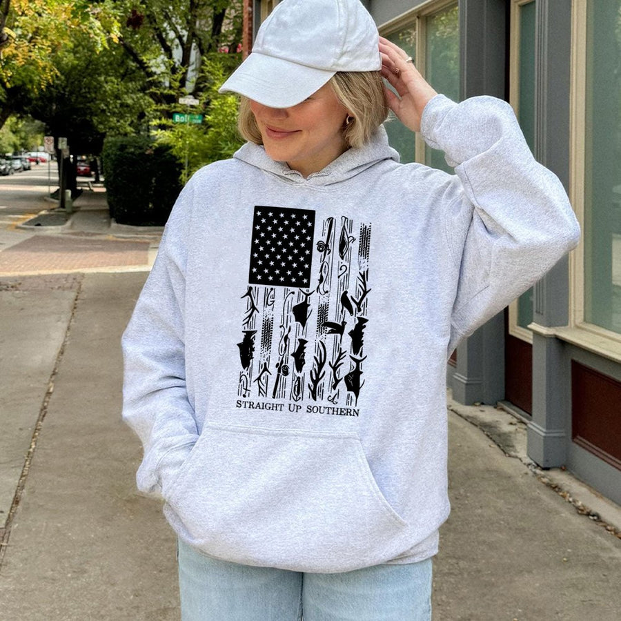 American Flag Fishing Hoodie | Outdoorsman Patriotic Wildlife Graphic | Premium Cotton Blend | Gift for Fisherman & Southern Pride Fans