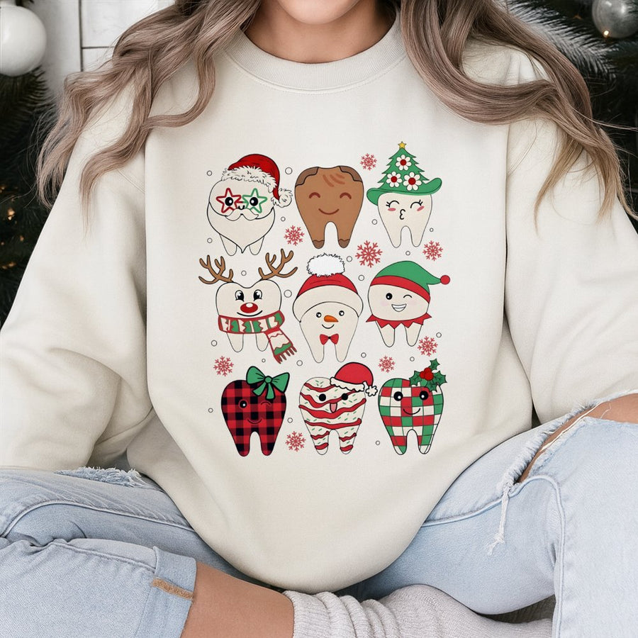 Dentist Christmas Sweatshirt | Cute Festive Teeth Graphic Design | Premium Cotton Blend | Funny Dental Office Holiday Gift for Hygienist
