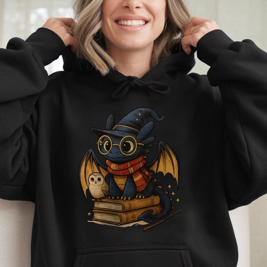 Wizard Dragon Hoodie | Cute Bookworm Fantasy Creature Graphic | Premium Soft Cotton Blend | Magical Reader Gift for Fantasy Lovers