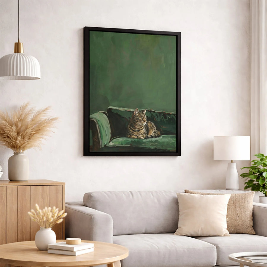 Tabby Cat Wall Art Canvas | Moody Green Couch Oil Painting Style | Premium Gallery Wrap Decor | Gift for Cat Lovers & Pet Owners