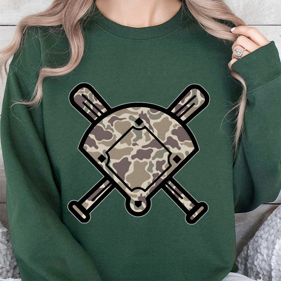 Baseball Camo Sweatshirt | Crossed Bats Diamond Graphic | Cotton Blend Premium Crewneck | Gift for Baseball Players and Sports Fans